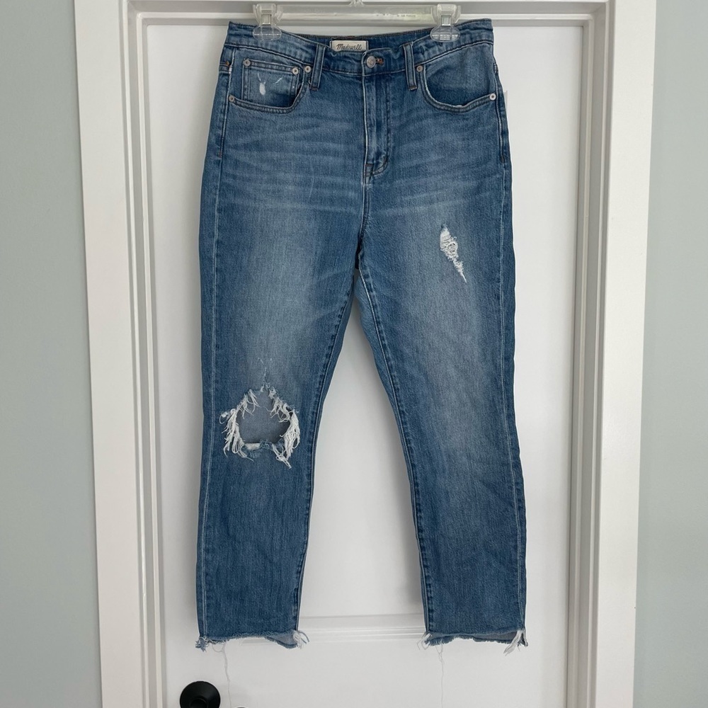 Madewell High Rise Distressed Raw Hem Boyjean Size 28